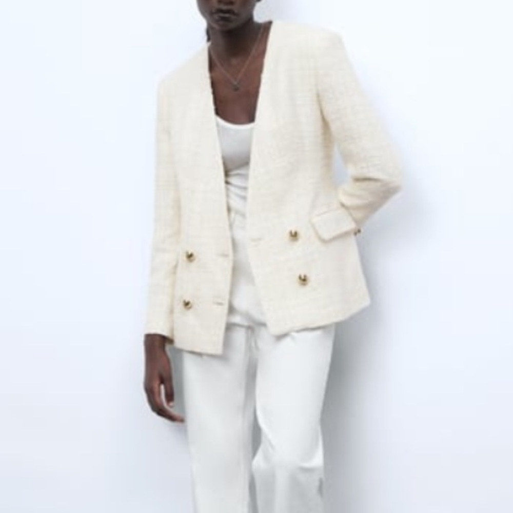 NEW Zara textured tweed-like cream blazer SIZE L NWT